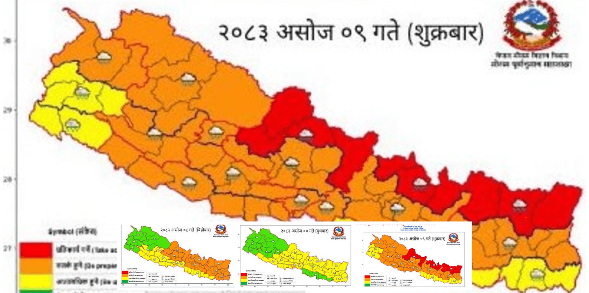 मौसम पूर्वानुमान महाशाखाको चेतावनी : तीन दिन कहाँकहाँ हुँदैछ अति भारी वर्षा ?
